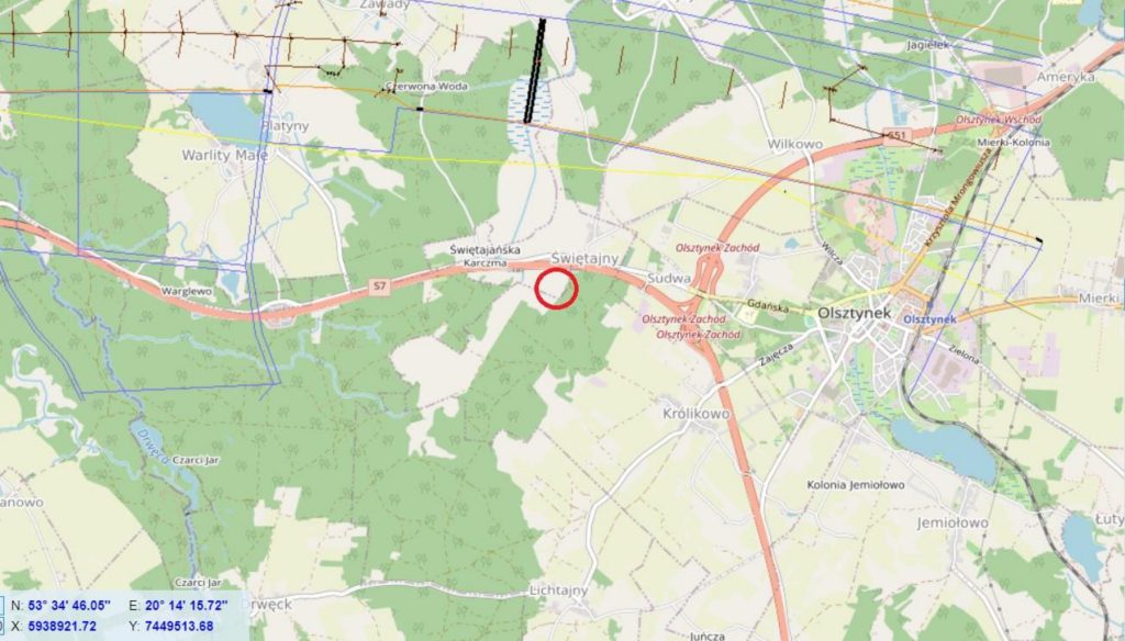 Mapa lokalizacji działek Świętajny przy S7 koło Olsztynka